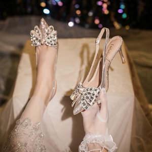 New Style <b>Bow</b> Wedding <b>Shoes</b> Stiletto Heel Pointed Toe Backless Autumn Bridal <b>Shoes</b> Buckle Closure Slingback Fashionable European - Product Image 3