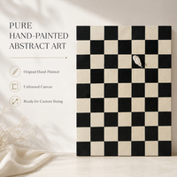 Toile d'art à motif damier optique avec texture tridimensionnelle de feuille sculptée, noir et crème, peinte à la main, décoration murale, vente en gros