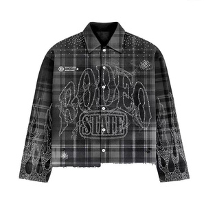 Tùy Chỉnh Người Đàn Ông Của Lỏng Phù Hợp Flannel Áo Sơ Mi Dài Tay Áo Long Lanh Ngọc Trai Rhinestone Thêu Nút Sọc In Ấn Giản Dị Dệt Kim - Product Image 3