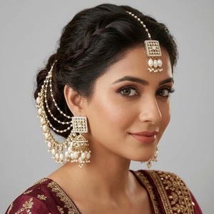 Parure de bijoux traditionnels ethniques vintage pour mariée, boucles d'oreilles pendantes en alliage plaqué or, certifiées par un tiers, avec Maang Tikka assorti, haute qualité - Product Image 2