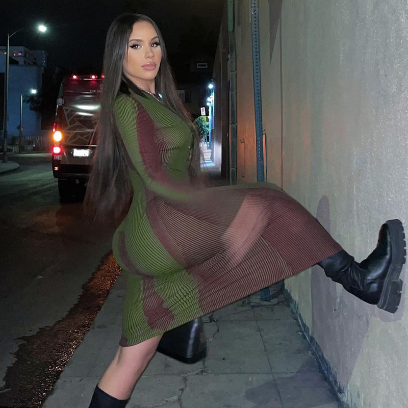 Wholesale Fall Clothing Women's Printed Slim Sexy Round Neck Long Sleeve Bodycon Dresses