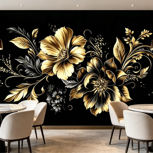 Luxuriöse Schwarz-Gold Blumen-Tapete Maßgefertigte Wandbild-Tapete für Wohnzimmer Schlafzimmer Esszimmer Hotel Hintergrundwand Heim-Dekor Tapete - Product Image 1