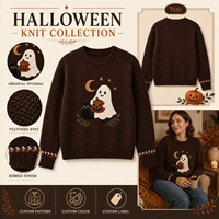 Pull court en maille à col rond pour femme, thème Halloween, avec appliques fantôme, chat noir, citrouille et lune, personnalisation du logo OEM disponible