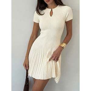 Vestido de punto plisado con mangas casquillo, mini, color leche, talla XXS, vestido suéter para mujer - Product Image 5