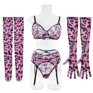 Ensemble de Lingerie Sexy à Imprimé Léopard pour Femmes Robe de Bal Patchwork en Maille 3 Pièces avec Kit de <span class=keywords><strong>Jarretière</strong></span> Sous-Vêtements Érotiques - Product Image 4
