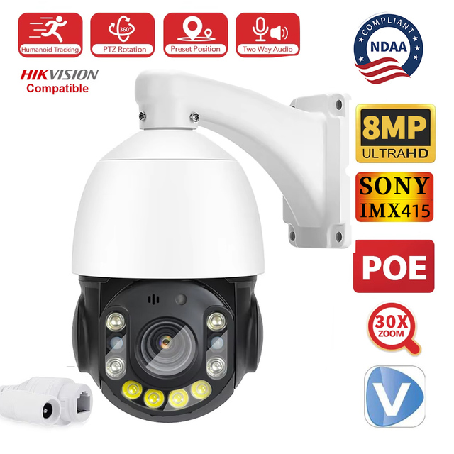 Outdoor POE Network IP Security PTZ Metal Camera 4k 8MP 30x Zoom Auto Tracking Two-Way Audio NVR Support Night Vision SD