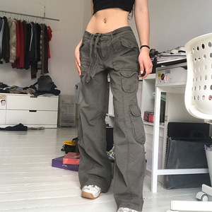 Pantalones Cargo Verde Oliva para Mujer, Cintura Baja, Corte Holgado, Estilo Hip Hop, con Múltiples Bolsillos, Pantalones Casuales - Product Image 4