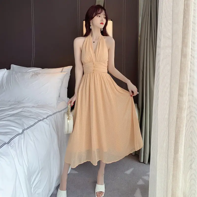 3967 In Voorraad Verkoop 2021 Nieuwe Vrouw Kleding Groothandel Mode Kleding Elegante Casual Jurken Koreaanse V-hals Mouwloze Jurk Vrouwen