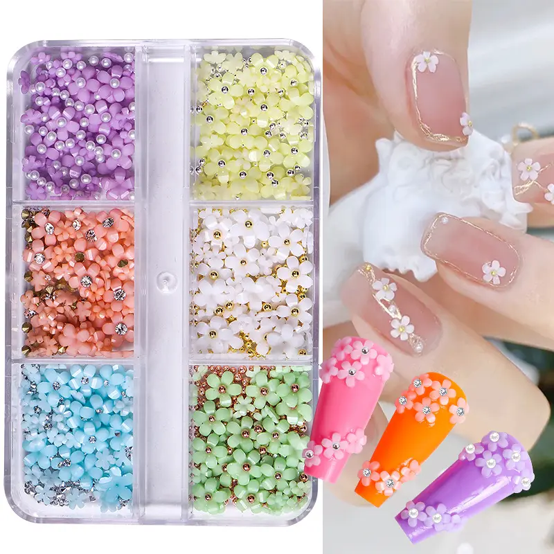 6 Grids 3D Acrylic Flower Nail Parts Decoration Mixed Steel Beads Gems Charms Kawaii Nail Supplies For Professional Accessories