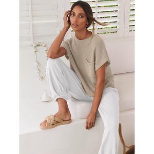 FOXA Conjunto de pantalones blancos con bolsillo y top corto sin mangas de punto para mujer, ropa para viajes de verano, ropa de vacaciones en la playa - Product Image 3
