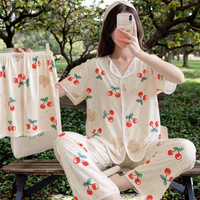 Ensemble Pyjama d'Été Élégant en Coton Trois Pièces Thermique pour Femme, Imprimé Cerises Douces, Haut Manches Courtes, Short et Pantalon de Nuit