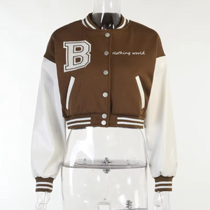 Women's Cropped Varsity Jacket Wool Blend Bomber Jacket <b>Button</b> Front Embroidered Letter Patchwork Winter Outerwear - Product Image 3