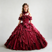 Gaun Pengantin Gothic Lolita Wanita Model Off Shoulder Motif Mawar, Gaun Merah Vintage Panjang Menyentuh Lantai untuk Pesta Prom