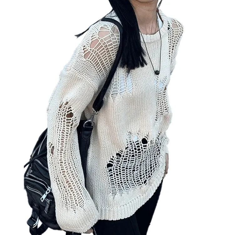 Women Knit Mesh Top Cotton Fabric O-neck Collar Unisex Man Women's Oversized Distressed Knit Sweater