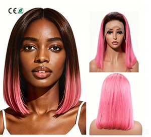 Perruque Bob Lace Front en Cheveux Humains Vierge Remy Marron/Rose Vif 13x4 HD pour Lace Transparente Lisse Soyeux - Product Image 1