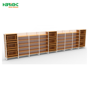 Highbright Modular Combination Wood Grain Supermarket Wall Gondola Shelving With Side Storage Cubbies for Retail Stores - Product Image 1
