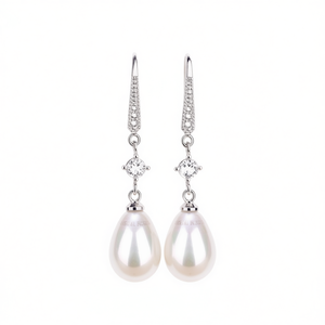 Boucles d'oreilles pendantes en or blanc Crystal Roma, perle de culture 18 carats, goutte d'eau AAA, bijoux classiques pour femmes, pour mariage - Product Image 1