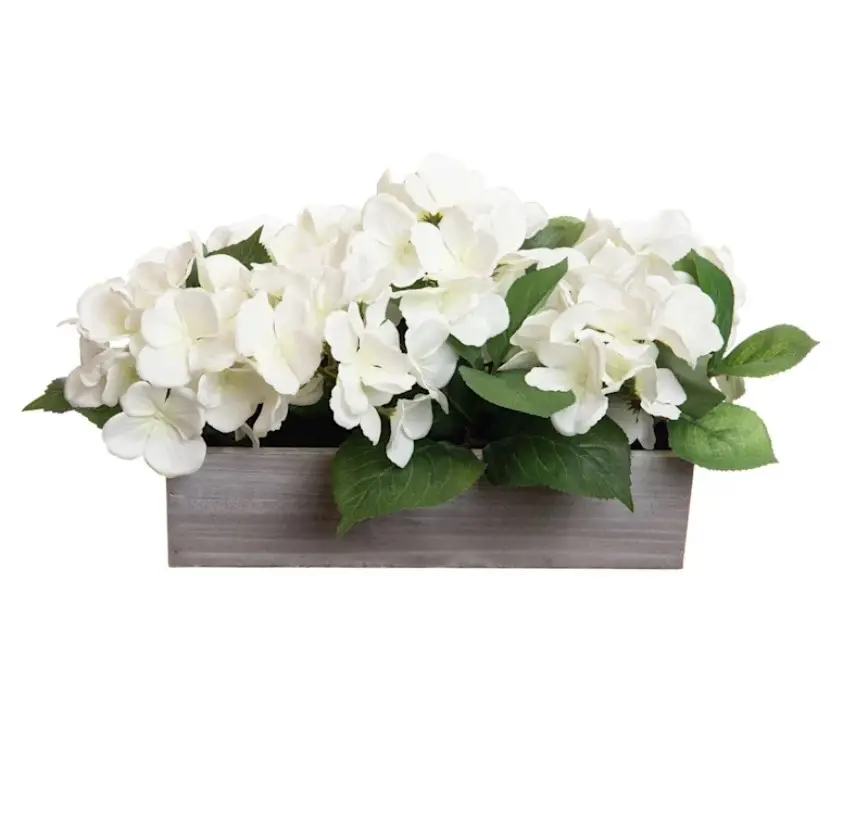 White Hydrangea Flowers with Wooden Planter  16"