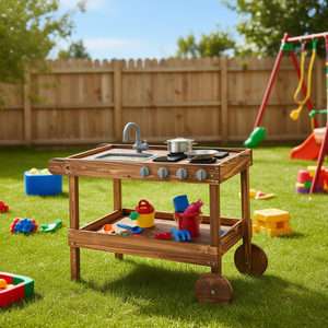 Cocina de barro de madera para niños con 2 estantes y ruedas - Product Image 2