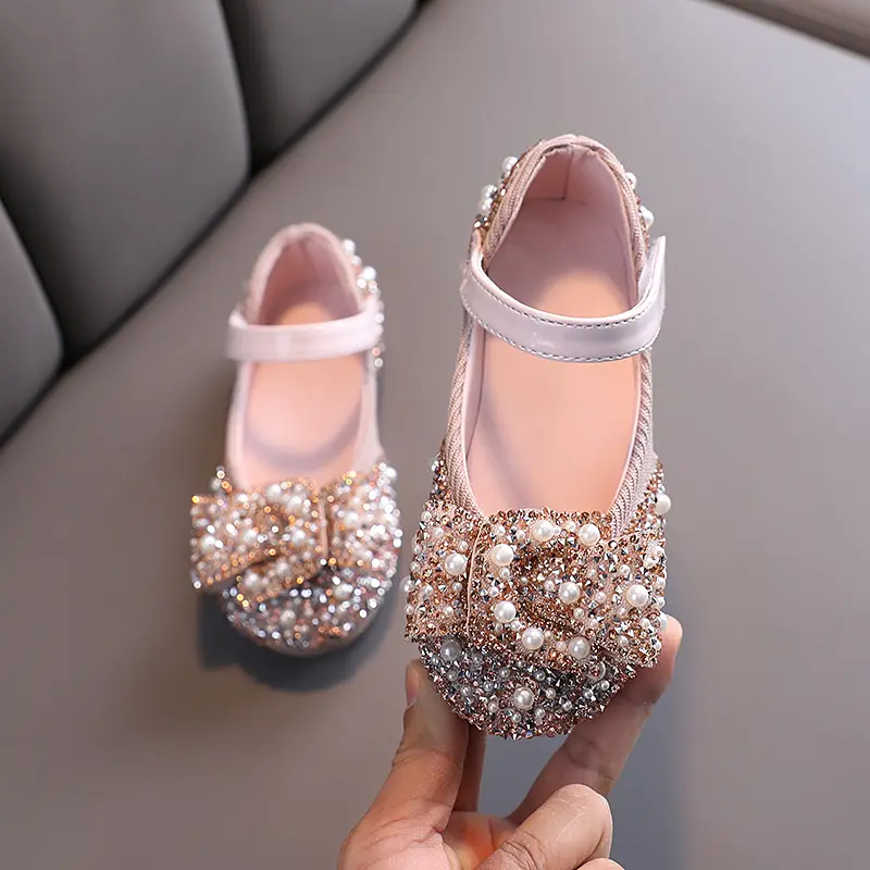Wholesale New Girls' Crystal Sequin Low Heel Shoe Girl Princess Bow Spring Summer Girls Dress Shoes