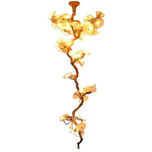 Refined Big Long Shape Brush Painting Copper Brass Lotus Leaf Crystal Ceiling Pendant Lamp Chandelier Hotel Lobby Stair Design