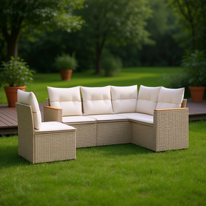 Beige Garden <b>Sofa</b> Set <b>Rattan</b> Outdoor Furniture 4 Seater Contemporary Design - Product Image 2