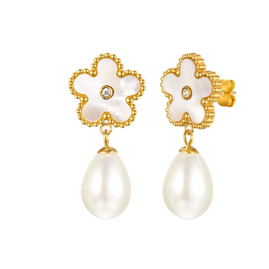 18K PVD Gold Mother of Pearl Clover Teardrop Pearl Jewelry <b>Set</b>: <b>Bangle</b> Bracelet & Dangle Earrings | Waterproof & Hypoallergenic - Product Image 6
