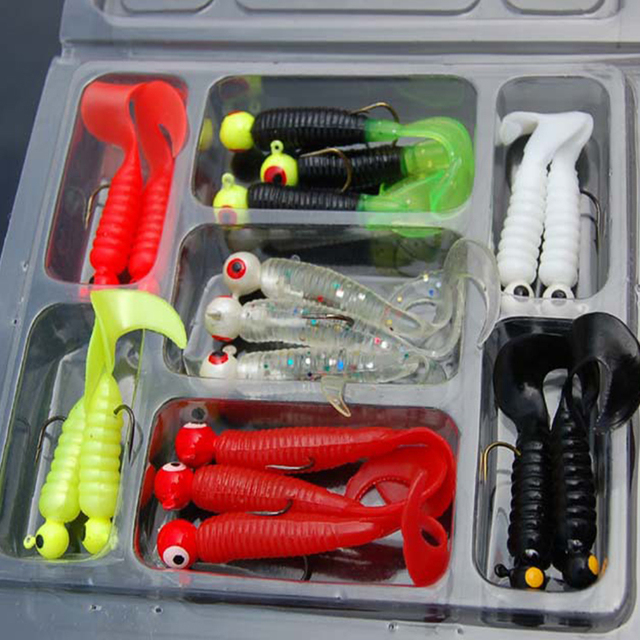 21pcs Mixed Artificial Tackle Lead Head Swim Screw Worm Curl Long Tail Soft Fishing Bait Set Kits