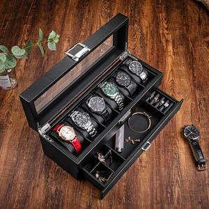 Organisateur de rangement de montre à 12 fentes en bois noir de luxe à la mode avec tiroirs de verrouillage de protection anneaux étui à couvercle en verre pour lunettes de soleil - Product Image 3