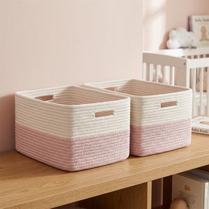 Cestas de Almacenamiento Rectangulares de Cuerda de Algodón con Asas, Estilo Nórdico, Rosa y Blanco, Juego de Dos Piezas para Organización de Artículos Diversos - Product Image 4
