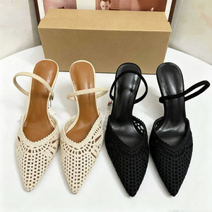 Mules à talons vintage en crochet pour femme, bout pointu, ajourées, chaussures de plage respirantes, à lanières tressées, escarpins de soirée - Product Image 1