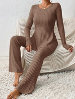 Ensemble 2 pièces tricoté pour femme, automne, haut tunique à manches longues et col rond, pantalon évasé, coupe régulière, respirant, tenue décontractée pour la maison et le quotidien