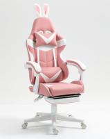 Chaise de bureau ergonomique pivotante personnalisée avec motif d'oreilles de lapin rose, repose-pieds, cuir véritable, réglage et massage