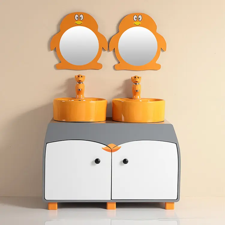 Lavabo individual con espejo para baño, mueble de tocador con diseño de pingüino de dibujos animados, de pie