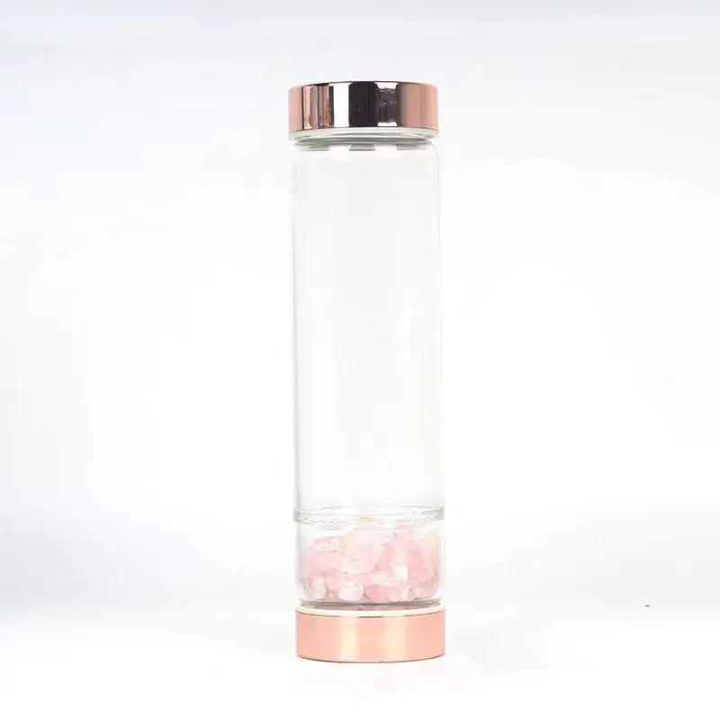 Bottiglia di acqua potabile in cristallo naturale coperchio in oro rosa cristalli curativi bottiglia di acqua elisir bottiglie di acqua infuse al quarzo rosa