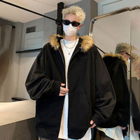 Veste zippée en molleton de coton épais 500g, style streetwear hiver, coupe oversize, avec capuche en fausse fourrure amovible