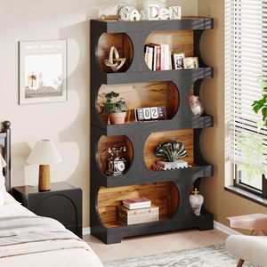 Bibliothèque moderne en bois SENYU avec 4 étagères et panneau arrière, rangement gain de place pour chambre et salon, design contemporain - Product Image 1