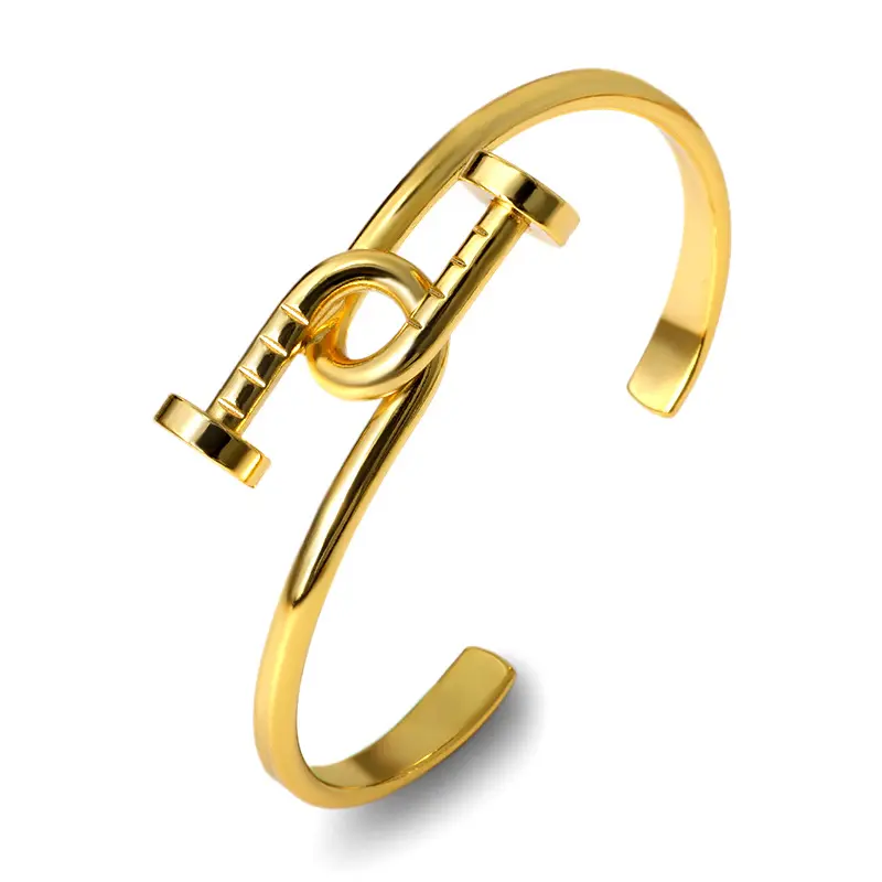 Stijlvolle Dubbele Twist Open Armband Met Spijkerkop, Delicate Kruisnagelboog C-Vormige Open Koperen Gouden Armband