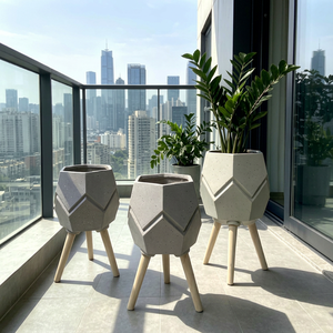 Geometric <b>Cement</b> Flower Stand with Wood Legs Modern Minimalist Planter for Indoor Use - Product Image 1