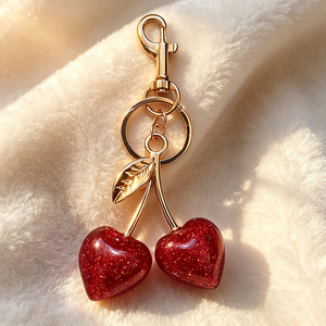 Premium High-End <b>Red</b> Cherry <b>Glitter</b> Crystal Keychain Metal Lobster Buckle Sparkly Handbag Key Ring Accessory - Product Image 3