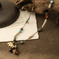 Kalung Tali Anyaman Boho Batu Mata Harimau Jasper Gambar Bunga Turquoise Giok Liontin Daun Emas Baja Tahan Karat Unisex