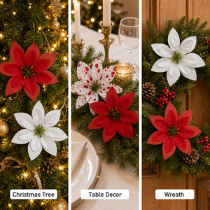 Cabezas de Flores de Poinsettia Artificiales de 12 cm, Tela de Seda, Satén y Terciopelo, 4 Estilos, Decoración para Bodas, Fiestas y Hogar, 30 Piezas/Bolsa - Product Image 6
