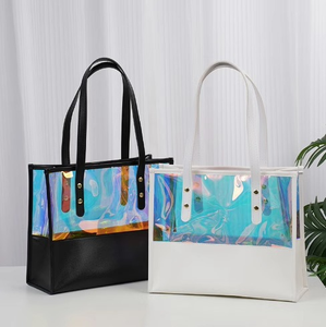 Custom Logo PVC Splicing PU Colorful Large clear <b>Plastic</b> Shopping <b>Tote</b> Holiday Beach <b>Tote</b> Shoulder Transparent Bag - Product Image 1