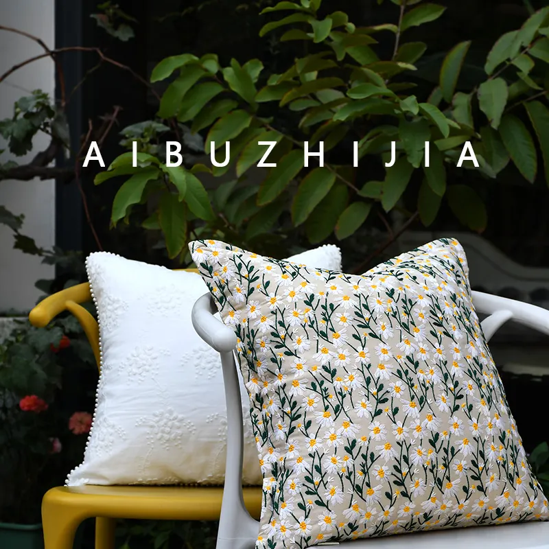 Aibuzhijia capa para almofadas, capa com design de dupla face, bege, margaridas, floral, protetor de bordado, poliéster, cobre o travesseiro