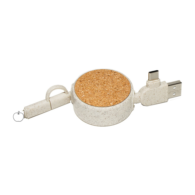 4in1 Degradable Wheat Straw Dual-Input Data Cable Bamboo Fast Charging Cable IP/Type C/Micro USB Ends for Smartphone