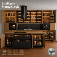 Meubles de cuisine modernes en bois de luxe, armoires modulaires sur mesure, éclairage LED intégré, évier en granit/marbre écologique