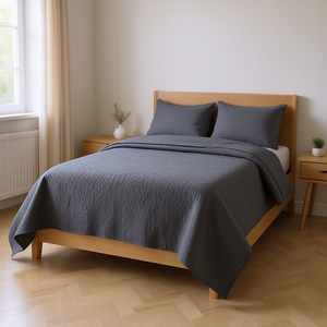 Juego de Cubrecama Reversible Gris Oscuro, 100% Poliéster, con Patrón Sólido Cosido - Product Image 2