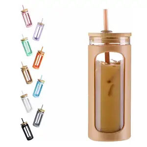 Bamboo Glass Tumbler Coffee Mug Sleeve Bamboo Lid High Quality Natural with Straw Silicone Hot Sale 20oz Glass Bottles Mugs