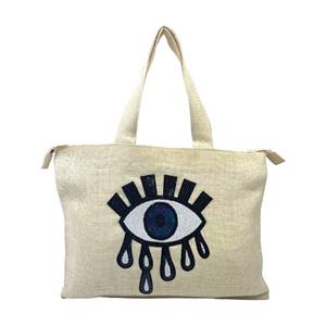 Bolso de <span class=keywords><strong>playa</strong></span> plegable de yute con bordado de ojo turco hecho a mano de Ama-zon, con asa larga, cierre de cremallera, cristales y borlas - Product Image 1