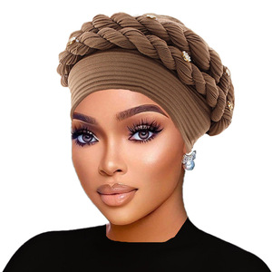 Turban <span class=keywords><strong>africain</strong></span> tressé à la main avec perles, <span class=keywords><strong>chapeau</strong></span> en polyester extensible élégant pour femme, pré-coiffé pour mariage et fête - Product Image 6